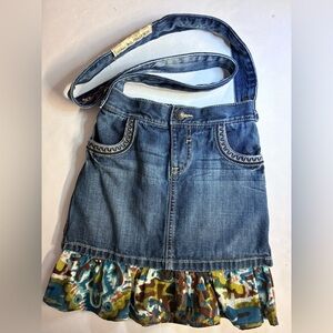 Handsewn/Upcycled/Handmade Denim Shoulder Bag, Blue, Ruffled Trim